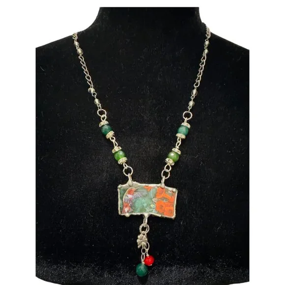 Lena Liu Hummingbird Broken China Pendant Silver-Blend Metalwork Quartz Necklace - Picture 4 of 10